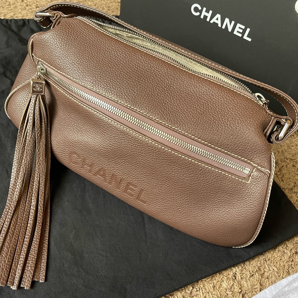Chanel Lax Front Zip Pebbled Leather Large Bag